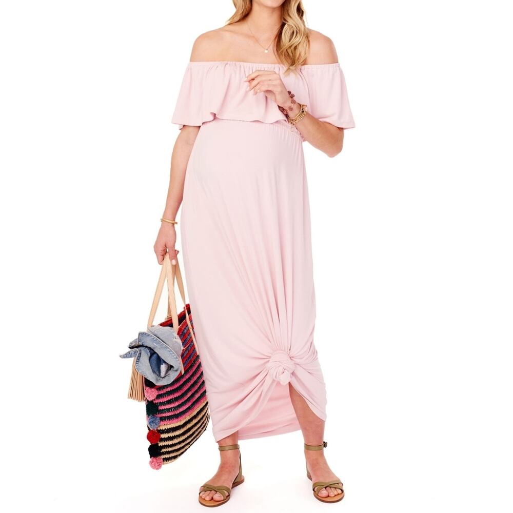 INGRID & ISABEL boho maternity ruffle off the shoulder pink maxi dress Sz S NEW - Picture 9 of 9
